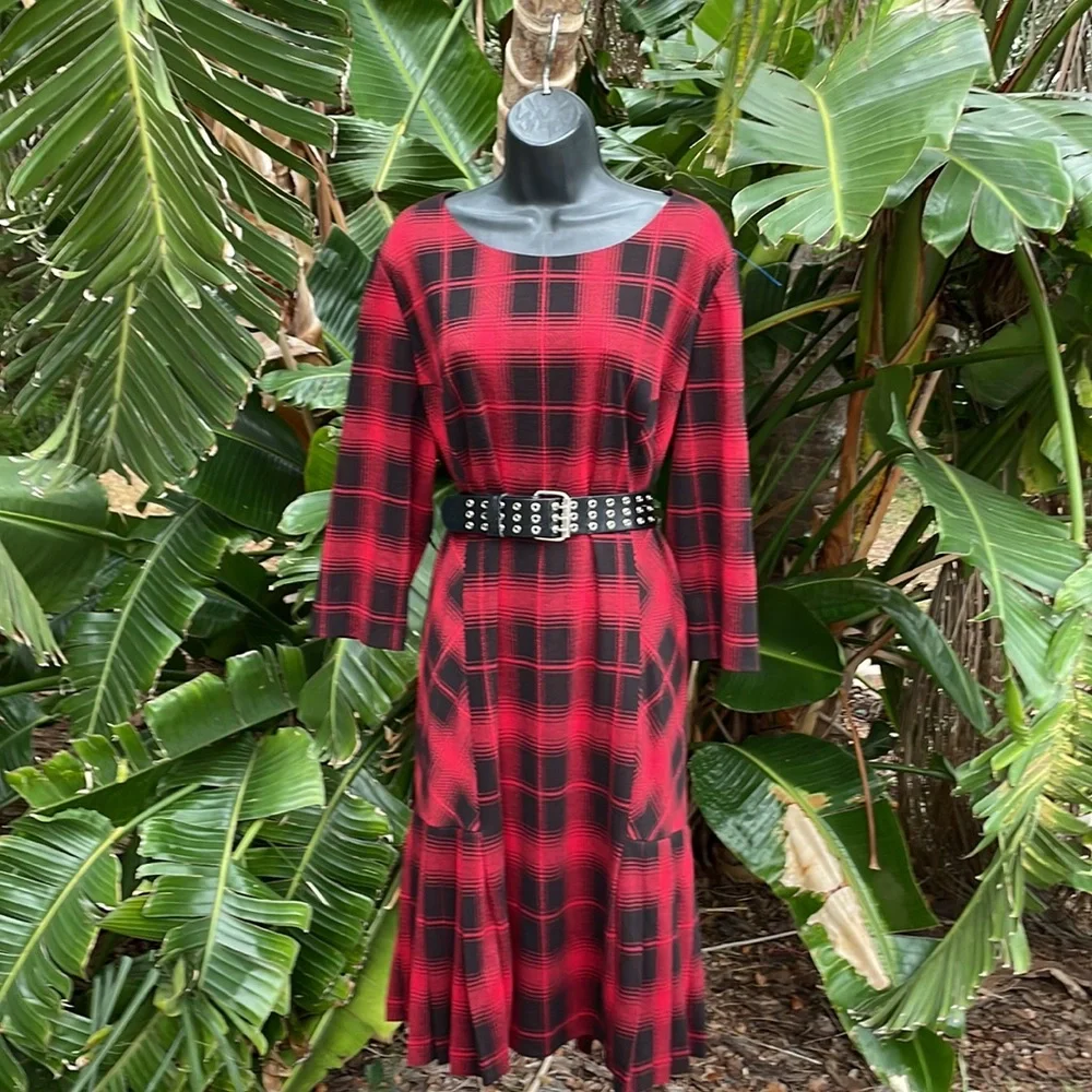 Tahari pleated plaid drop waist dress